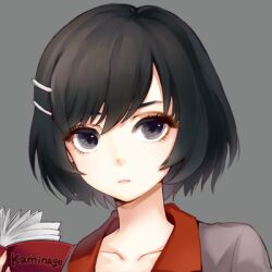  bad_id bad_pixiv_id black_eyes black_hair bob_cut book closed_mouth female grey_background hair_ornament hairclip hanekawa_tsubasa holding holding_book lowres momoko_(momopoco) monogatari_(series) naoetsu_high_school_uniform nisemonogatari portrait school_uniform short_hair smile solo 