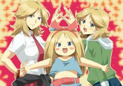  3girls :d age_progression bad_id bad_pixiv_id belt blonde_hair blue_eyes blush_stickers bracelet earrings freckles gundam hair_ribbon hand_on_own_hip jewelry kikka_kitamoto lolicon long_hair looking_at_viewer midriff mobile_suit_gundam multiple_girls murata_tefu navel necktie open_mouth outstretched_arms ribbon short_hair smile spread_arms zeta_gundam 