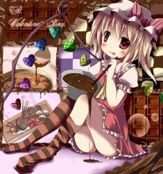  ascot bat_wings blonde_hair blush bow chocolate commentary_request female flandre_scarlet hat kazura oerba_yun_fang red_eyes short_hair side_ponytail skirt smile socks solo striped_clothes striped_thighhighs thighhighs touhou wings 