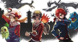  2boys alternate_costume backwards_hat baseball_cap bell_tower_(pokemon) bird black_hair brown_eyes brown_hair chikorita commentary_request cyndaquil ecruteak_city ethan_(pokemon) female hair_over_one_eye hat ho-oh holding holding_poke_ball honda_yuita lugia lyra_(pokemon) multiple_boys one_eye_closed overalls pagoda poke_ball poke_ball_(basic) pokemon pokemon_(creature) pokemon_hgss red_eyes red_hair silver_(pokemon) starter_pokemon_trio totodile tower twintails 