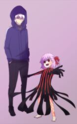  1boy bad_id bad_pixiv_id barefoot bloom dark_persona dark_sakura dress fate/stay_night fate/zero fate_(series) female gradient_hair hair_ribbon hood hoodie maroyakamaromaro matou_kariya matou_sakura multicolored_hair purple_hair red_eyes ribbon simple_background striped time_paradox uncle_and_niece white_hair 