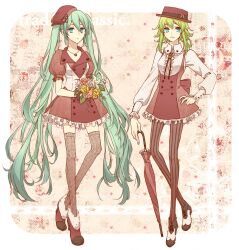  2girls closed_umbrella commentary_request dress fashion flower green_eyes green_hair gumi hand_on_own_hip hat hatsune_miku jewelry long_hair multiple_girls necklace pantyhose shivue striped_clothes striped_pantyhose thighhighs twintails umbrella vertical-striped_clothes vertical-striped_pantyhose very_long_hair vocaloid 