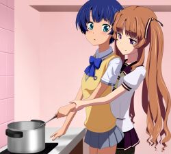  2girls ano_natsu_de_matteru blue_hair blush brown_hair commentary_request cooking hair_ribbon multiple_girls pantyhose ribbon school_uniform tanigawa_kanna tooi_aoiro twintails yamano_remon 