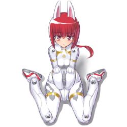  :&lt; animal_ears bad_id bad_pixiv_id between_legs bodysuit breasts breasts_squeezed_together busou_shinki dd_(ijigendd) doll_joints facial_mark female from_above joints long_hair looking_at_viewer looking_up medium_breasts mizuki_(busou_shinki) perspective rabbit_ears red_eyes red_hair simple_background sitting solo v_arms wariza white_background 