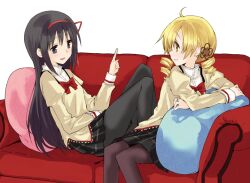  2girls akemi_homura black_hair black_legwear blonde_hair commentary_request couch hair_ornament hair_ribbon long_hair mahou_shoujo_madoka_magica mahou_shoujo_madoka_magica_(anime) mitakihara_school_uniform multiple_girls myama pantyhose pillow purple_eyes ribbon school_uniform short_hair smile spoilers tomoe_mami yellow_eyes 