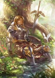  animal animal_on_shoulder armor bird bird_on_shoulder brown_hair closed_eyes commentary_request dappled_sunlight day female flower food forest fruit full_armor gauntlets grass guchico highres leaning_back light_rays nature on_ground original plant plant_roots planted planted_sword shield sitting sleeping sleeping_upright soaking_feet solo strawberry sunbeam sunlight sword tree tree_shade under_tree vines water weapon 