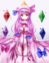  bad_id bad_pixiv_id bow breasts cleavage crescent crystal female hairbow hat long_hair medium_breasts patchouli_knowledge philosopher&#039;s_stone purple_eyes purple_hair smile solo touhou uiroutsuji_yumihiko 