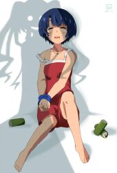  alcohol ano_natsu_de_matteru artist_logo bare_shoulders barefoot blue_hair blush bondage bondage bound bound_wrists can closed_eyes commentary_request dated drunk feet female jewelry miyahara_takuya necklace ominous_shadow open_mouth shadow short_hair smile solo strap_slip tanigawa_kanna tears yamano_remon you_gonna_get_raped 