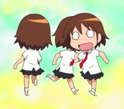  3girls animated animated anime_screenshot brown_hair chibi clone kill_me_baby looping_animation multiple_girls necktie o_o oribe_yasuna red_necktie running school_uniform short_hair skirt 