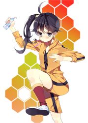  ahoge araragi_karen asymmetrical_hair black_eyes black_hair blush commentary_request egg_(food) egg_hair_ornament female food food-themed_hair_ornament fried_egg hair_ornament honeycomb_(pattern) honeycomb_background hood hooded_track_jacket jacket kneehighs koba long_hair looking_at_viewer monogatari_(series) mouth_hold nisemonogatari photoshop_(medium) red_socks shoes shorts side_ponytail socks solo standing standing_on_one_leg toothbrush toothpaste track_jacket 