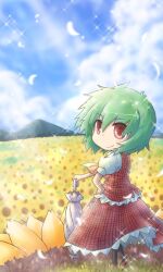  ascot blue_sky chibi cloud commentary_request day female field flower flower_field garden_of_the_sun green_hair kazami_yuuka looking_back mountain outdoors petals red_eyes shirt short_hair skirt skirt_set sky smile solo sparkle sunflower sunflower_field touhou umbrella vest viva!! 