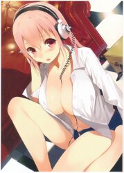  :o absurdres between_breasts blue_shorts blush breasts checkered_floor cleavage couch denim denim_shorts dress_shirt female headphones highres large_breasts navel nitroplus no_bra open_clothes open_fly open_mouth open_shirt pink_eyes pink_hair sasamori_tomoe shiny_skin shirt shorts sitting solo super_sonico unbuttoned unzipped 