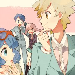  2boys 2girls angry black_gloves blue_eyes blue_hair blush braid brown_hair commentary_request eyewear_on_head formal glasses gloves gouenji_yuuka hagiko inazuma_eleven_(series) inazuma_eleven_go laughing long_hair multiple_boys multiple_girls necktie open_mouth otonashi_haruna photoshop_(medium) pink_hair short_hair skirt smile suit tachimukai_yuuki twin_braids utsunomiya_toramaru 