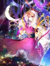  adapted_costume arms_up bad_id bad_pixiv_id blonde_hair dress female flower gloves hair_ribbon highres kazu_(muchuukai) long_hair purple_dress purple_eyes ribbon sash solo touhou veil white_gloves yakumo_yukari 