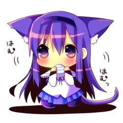  akemi_homura akemi_homura_(magical_girl) animal_ears blush cat_ears cat_tail chibi chocolat_(momoiro_piano) commentary covering_own_mouth extra_ears female female_pervert hairband kemonomimi_mode long_hair mahou_shoujo_madoka_magica mahou_shoujo_madoka_magica_(anime) mouth_hold panties panties_in_mouth pantyhose pervert purple_eyes purple_hair shirt sitting skirt solo striped tail translated underwear 