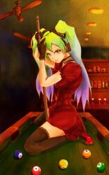  ball billiard_ball billiards ceiling_fan commentary_request cue_stick dress female gloves gradient_hair green_eyes green_hair haku_b97531 hatsune_miku headphones long_hair multicolored_hair on_table pool_table solo table thighhighs twintails vocaloid 