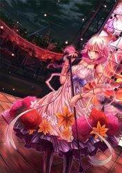  bare_shoulders black_thighhighs breasts chinese_commentary commentary_request dress female guilty_crown hair_ornament hairclip highres jianren long_hair looking_at_viewer medium_breasts microphone microphone_stand music open_mouth photoshop_(medium) pink_hair red_eyes screen singing solo thighhighs tokyo_tower twintails yuzuriha_inori 