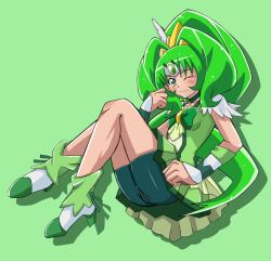  blush boots cure_march green_dress green_eyes green_hair green_motif long_hair looking_at_viewer midorikawa_nao pillow precure smile smile_precure spats wink 