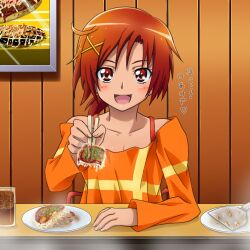  :d chopsticks commentary_request drink eyelashes feeding female food griddle hair_ornament hairclip hino_akane_(smile_precure!) incoming_food looking_at_viewer mameshiba_(pixiv_59310) off_shoulder okonomiyaki open_mouth orange_shirt photoshop_(medium) plate pov_across_table precure red_eyes red_hair shirt smile smile_precure solo translated upper_body 