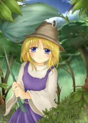  bad_id bad_pixiv_id blonde_hair blue_eyes blue_sky blush cloud day female forest hair_ribbon hat highres kurokaze_no_sora leaf_umbrella moriya_suwako nature ribbon shirt skirt skirt_set sky smile solo touhou vest 