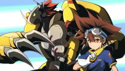  1boy armor bad_id bad_pixiv_id brown_eyes brown_hair claws digimon digimon_(creature) digimon_adventure digivice gauntlets gloves glowing glowing_eye goggles goggles_on_head green_eyes highres horns lemon_(wzcrybmi) male_focus red_hair wargreymon white_gloves yagami_taichi 