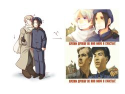  1950s_(style) 2boys :3 ^_^ ^q^ anger_vein arm_around_shoulder axis_powers_hetalia bad_id bad_pixiv_id black_hair blonde_hair blush brown_eyes china_(hetalia) closed_eyes coat cyrillic full_body gloves hat highres imoko_(imonatsuki) long_hair male_focus multiple_boys ponytail propaganda purple_eyes realistic russia_(hetalia) russian_text scarf simple_background smile translated v white_background 