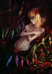  bad_id bad_pixiv_id blonde_hair candle coffin cross crossed_arms female flandre_scarlet flower glowing glowing_eyes groin hair_flower hair_ornament lying navel no_headwear oerba_yun_fang photoshop_(medium) red_eyes red_flower red_rose rose solo topless touhou tuzki wings 