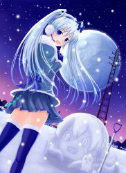  blue_coat blue_eyes blue_hair blue_mittens blue_skirt blue_thighhighs boots coat commentary_request dutch_angle feet_out_of_frame female from_behind full_moon fur-trimmed_coat fur_trim gloves hatsune_miku headset long_hair looking_at_viewer looking_back megurine_luka miniskirt mittens moon night night_sky nishiura_gin open_mouth pleated_skirt shovel skirt sky snow snowing snowman solo standing star_(sky) takoluka thigh_boots thighhighs tower twintails vocaloid yuki_miku yuki_miku_(2012) 