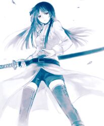  belt black_legwear boots cravat drawn emotionless female flowing gintama imai_nobume katana long_hair looking_down mimawarigumi red_eyes scarf shorts sketched solo thighhighs trenchcoat windy 