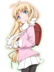  backpack bag blonde_hair blue_eyes commentary_request female highres kashiwagi_hatsune kizuato long_hair mittens pantyhose photoshop_(medium) randoseru scarf shouji_ayumu solo white_scarf 