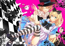  2boys bad_id bad_pixiv_id blonde_hair blue_eyes board_game chess chess_piece chessboard coffee cookie crossdressing cup dress flower food glasses green_eyes hair_ribbon kurusu_shou long_hair male_focus multiple_boys otoko_no_ko ribbon rose shinomiya_natsuki_(uta_no_prince-sama) shoko_space smile striped_clothes striped_thighhighs thighhighs uta_no_prince-sama 