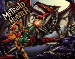  adapted_costume armor assault_visor battle blonde_hair blue_eyes bowgun claws commentary_request deityofshadows dragon female firing gloves green_visor gun helmet metroid metroid_(creature) monster_hunter_(series) muzzle_flash parody photoshop_(medium) red_eyes ridley samus_aran teeth tongue varia_suit weapon 