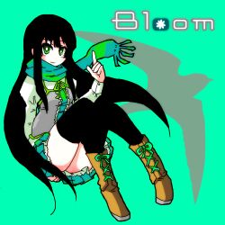  arm_up bad_id bad_pixiv_id bird black_hair black_thighhighs boots cross-laced_footwear female frilled_skirt frills green_eyes lace-up_boots long_hair lowres ngayope no_nose original pleated_skirt pointing ribbon scarf shadow sitting skirt smile solo thighhighs 