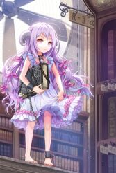  amrita_(sword_girls) barefoot book choker cuffs dress endos female frilled_dress frills frown goat_horns hair_ribbon hand_fan holding horns layered_dress lock long_hair lowres photoshop_(medium) purple_hair red_eyes ribbon shackles shelf sign skirt_hold sleeveless solo standing sword_girls 