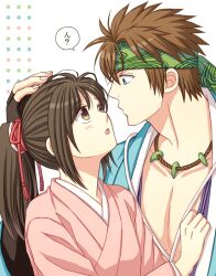  1boy :o blue_eyes blush brown_eyes brown_hair commentary_request couple female hakuouki_shinsengumi_kitan headband hitomi_aki japanese_clothes jewelry long_hair nagakura_shinpachi necklace open_mouth photoshop_(medium) ponytail short_hair straight yukimura_chizuru 