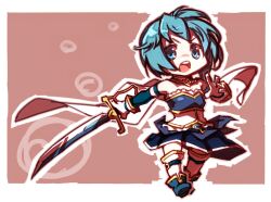  blue_eyes blue_hair boots cape chibi commentary_request corset detached_sleeves female gloves magical_girl mahou_shoujo_madoka_magica mahou_shoujo_madoka_magica_(anime) miki_sayaka miki_sayaka_(magical_girl) open_mouth oyu_udon photoshop_(medium) shirt short_hair skirt solo sword thigh_boots thighhighs walking weapon white_gloves zettai_ryouiki 