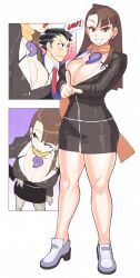  1boy black_hair blue_jacket blue_suit blush breasts brown_eyes brown_hair cleavage collared_shirt earrings female formal_clothes gyakuten_saiban highres inkerton-kun jacket jewelry large_breasts long_hair long_sleeves looking_at_viewer magatama magatama_necklace mia_fey mole mole_under_mouth naruhodou_ryuuichi necklace necktie open_mouth pointing pointing_at_viewer scarf shirt smile speech_bubble spiked_hair suit yellow_scarf 