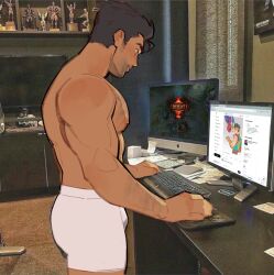  1boy bara beard_stubble boxers bulge character_request computer computer_keyboard cowboy_shot crossover deadpool facial_hair from_side fudanshi highres jayce_(league_of_legends) large_pectorals league_of_legends male_focus male_underwear mature_male monitor muscular muscular_male nipples otaku pectorals photo-referenced photo_background playing_games profile short_hair solo sparse_chest_hair standing stubble tecotit topless_male underwear 