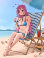  absurdres ahoge akashiya_moka beach beach_chair beach_umbrella bikini blood blood_bag blue_bikini blue_eyes blue_sarong blue_sky breasts collar commission cross cross_necklace day dismaiden drinking_blood english_commentary feet female highres jewelry juice large_breasts navel necklace outdoors pink_hair rosario+vampire sand sarong skull sky solo starfish swimsuit tomato_juice umbrella 