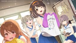  2006 4girls ;d alternate_costume asahina_mikuru blue_skirt brown_hair chair clubroom commentary_request crossover dated embarrassed folding_chair hairband highres holding holding_pom_poms holding_shirt holding_unworn_clothes idoly_pride indoors koyoi_mitsuki long_hair looking_at_viewer medium_hair multiple_girls nagato_yuki official_alternate_costume official_art on_chair one_eye_closed open_mouth pom_pom_(cheerleading) purple_hair raglan_sleeves reading ribbon second-party_source shiraishi_saki shirt short_hair sitting skirt sleeveless sleeveless_shirt smile sparkle standing suzumiya_haruhi suzumiya_haruhi_no_yuuutsu white_shirt window yellow_hairband yellow_ribbon 