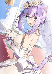  :d alternate_costume animal_ear_fluff animal_ears bare_shoulders bell blue_sky blush bouquet bow breasts bridal_veil cat_ears cat_girl cat_tail cowboy_shot day dress elbow_gloves female flower from_behind gloves hair_flower hair_ornament holding holding_bouquet hololive idenshi_hina looking_at_viewer looking_back medium_breasts nekomata_okayu oerba_yun_fang open_mouth outdoors purple_eyes purple_hair short_hair short_hair_with_long_locks sidelocks sky smile solo tail tail_ornament veil virtual_youtuber wedding_dress white_bow white_dress white_flower white_gloves 