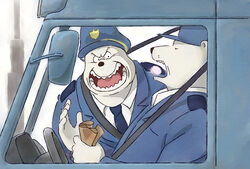  2014 angry anthro bear black_nose car closed_eyes clothing duo ernest_and_celestine fur hat headgear headwear humanoid_hands inside_car mammal necktie norijaga polar_bear police police_uniform shirt topwear uniform ursine vehicle white_body white_fur 