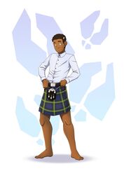  absurd_res belt bovid bovine brown_hair cattle clothed clothing dark_body dark_skin forebucks forepawz hair hi_res horn human imminent_transformation kilt male mammal shirt solo species_transformation sporran topwear transformation transformative_clothing zhaqez 