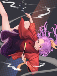  blush breasts checkered_background closed_mouth dragon_ornament falling feet_out_of_frame female floating_hair folded_fan folding_fan forehead grey_background hair_ribbon hand_fan high-waist_skirt highres holding holding_fan holding_smoking_pipe japanese_clothes kimono kiseru knee_up komakusa_sannyo long_sleeves looking_away looking_to_the_side medium_hair open_clothes open_robe outstretched_leg parted_bangs ponytail print_robe purple_hair purple_skirt red_eyes red_kimono red_robe ribbon robe roke_(taikodon) skirt smile smoke smoking_pipe solo tassel touhou upside-down wide_sleeves yellow_ribbon 