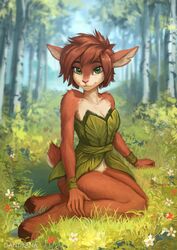  2022 5_fingers activision anthro arm_tuft artist_name breasts brown_body brown_hair cleavage clothed clothed_anthro clothed_female clothing daniel_tibana deer detailed_background digital_media_(artwork) digital_painting_(artwork) dress dress_only elora eyebrows faun_(spyro) female fingers flower forest fur grass green_clothing green_dress green_eyes hair hi_res jungle leaf_clothing leaf_dress looking_at_viewer mammal multicolored_body multicolored_fur nature outside plant pose scut_tail short_tail shoulder_tuft smile smiling_at_viewer solo spyro_reignited_trilogy spyro_the_dragon tail tree tuft two_tone_body two_tone_face two_tone_fur yokozuwari 