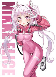  absurdres alice_(nikke) animal_ear_headphones animal_ears bodysuit breasts commentary covered_navel cropped_jacket fake_animal_ears female gloves goddess_of_victory:_nikke grey_hair gun gun_on_back headphones headset highres holding holding_gun holding_weapon impossible_bodysuit impossible_clothes jacket latex latex_bodysuit long_hair looking_at_viewer medium_breasts multicolored_clothes multicolored_gloves pink_bodysuit pink_eyes pink_gloves pink_headphones red_jacket shoes shrug_(clothing) sidelocks skin_tight smile sneakers solo syuma twintails two-tone_gloves weapon weapon_on_back white_footwear white_gloves 