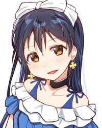  bare_shoulders black_choker blue_dress blue_hair blush bow choker commentary_request dress earrings female frilled_choker frilled_dress frilled_sleeves frills hair_between_eyes hair_ornament hairbow jewelry kira-kira_sensation! long_hair looking_at_viewer love_live! love_live!_school_idol_project open_mouth short_sleeves simple_background skull573 smile solo sonoda_umi white_background white_bow yellow_eyes 