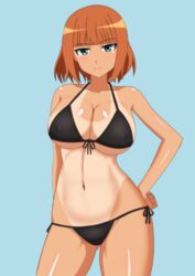  arm_behind_back ass_visible_through_thighs bikini black_bikini blue_background brave_witches breasts contrapposto cowboy_shot female front-tie_top green_eyes groin_tendon gundula_rall hachimitsu-b hand_on_own_hip large_breasts navel one-piece_tan orange_hair short_hair side-tie_bikini_bottom smile solo swimsuit tan tanlines thighs world_witches_series 