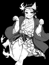  1boy ahan712 bad_id bad_twitter_id barefoot bath_yukata black_background company_connection cosplay crossdressing earrings floating ghost greyscale grin hanten_(clothes) highres japanese_clothes jewelry kamado_tanjirou kimetsu_no_yaiba kimono leg_up looking_at_viewer male_focus monochrome scar shounen_jump simple_background smile triangular_headpiece yukata yunohana_yuuna yunohana_yuuna_(cosplay) yuragisou_no_yuuna-san 