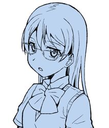  blue_hair blue_theme bow bowtie female flat_color glasses hair_between_eyes long_hair looking_at_viewer love_live! love_live!_school_idol_project monochrome open_mouth otonokizaka_school_uniform school_uniform simple_background skull573 solo sonoda_umi summer_uniform vest white_background 